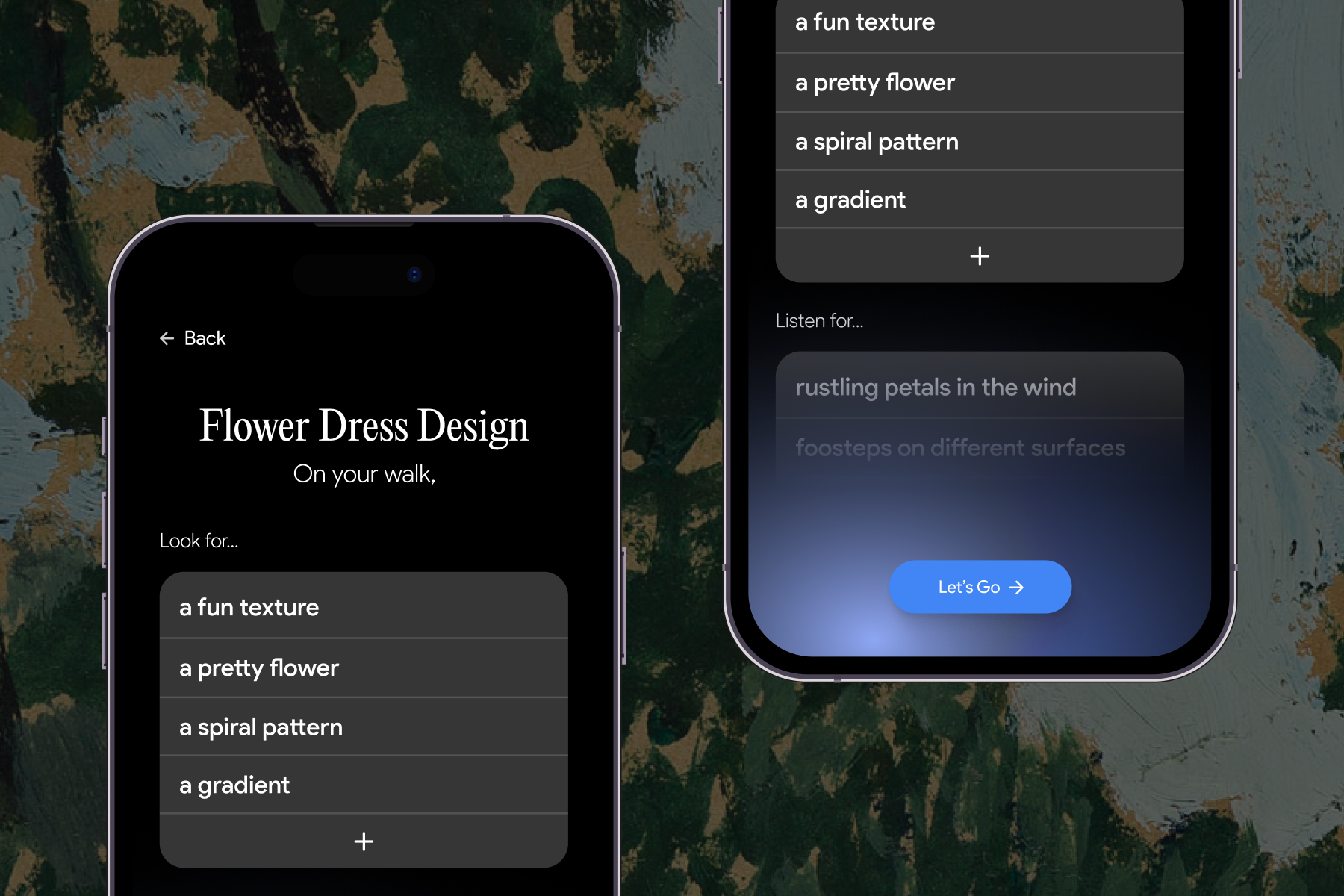 Wander screen showing directional prompts for real-world inspiration gathering